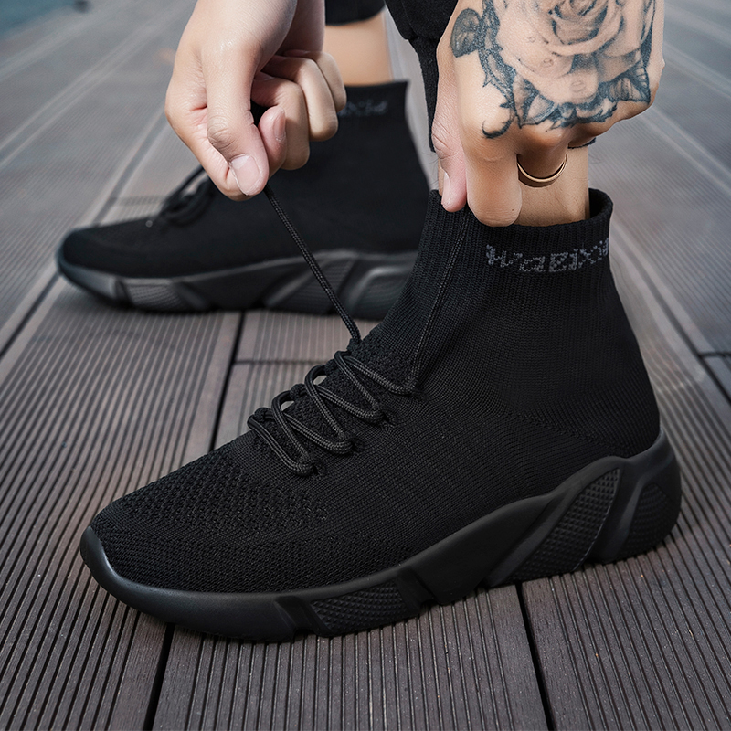 高帮飞织网面运动鞋全黑色网布鞋