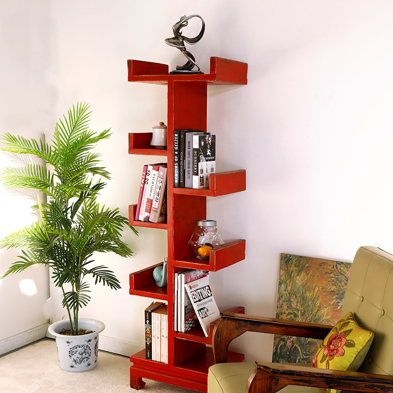 全实木树形落地创意书架家用复古做旧新中式客厅个性收纳置物架