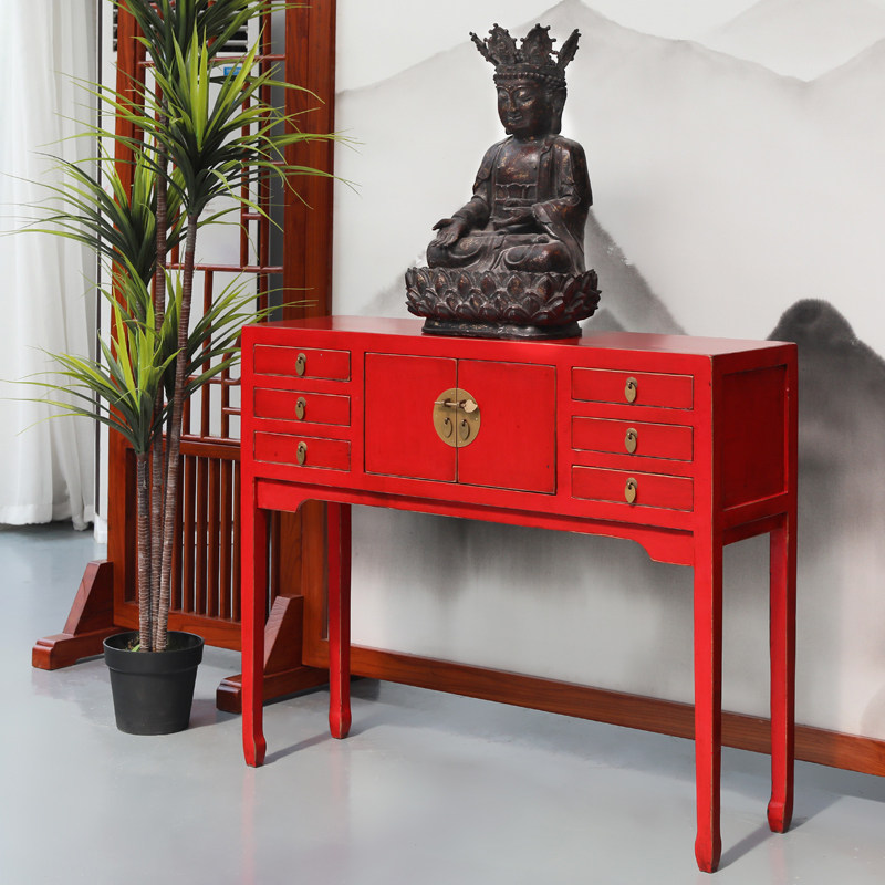 彩漆玄关桌高脚供台条案复古做旧