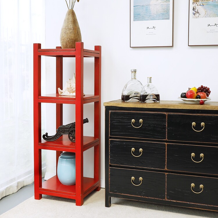 复古做旧全实木置物架简易书架子多层隔板厨房落地储物收纳花角几