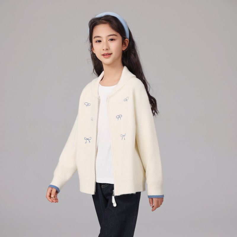 女童毛衣2026新款女孩春款上衣女大童加厚白色蝴蝶结春秋打底开衫