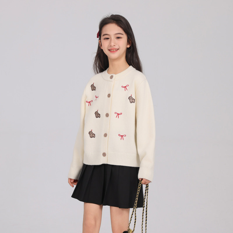 女大童针织开衫2026新款女孩春秋款蝴蝶结毛衣中大童韩系女款打底