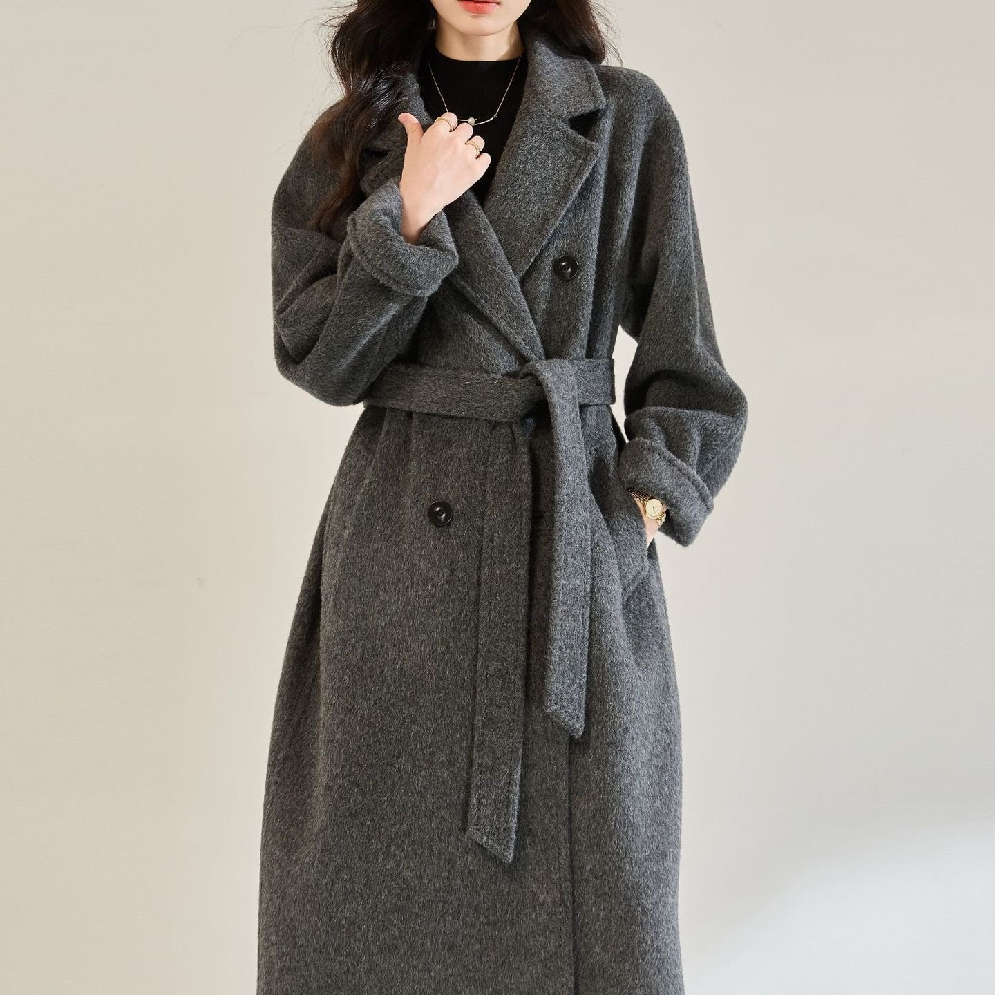 优质#25秋冬新气质感长毛苏丽羊毛灰色毛呢外套中长款大衣女22673