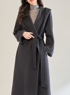 25秋冬新款休闲时尚宽松翻领浴袍长款连帽双面呢大衣外套女22672