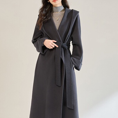25秋冬新款休闲时尚宽松翻领浴袍长款连帽双面呢大衣外套女22672