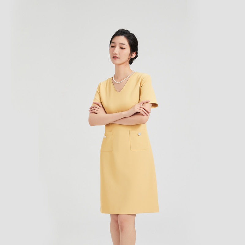 dz24-16/ol通勤收腰裙子2024夏季职业裙子珍珠扣短袖连衣裙