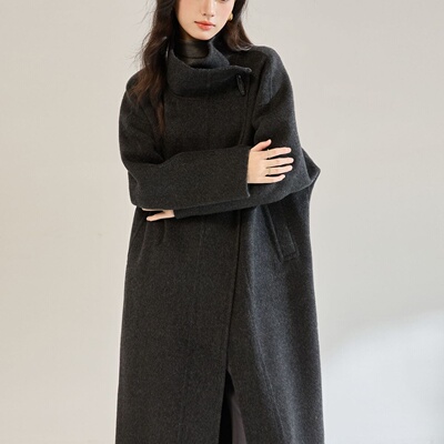 25秋冬新款气质立领极简宽松系带羊毛大衣双面呢外套长款女22678