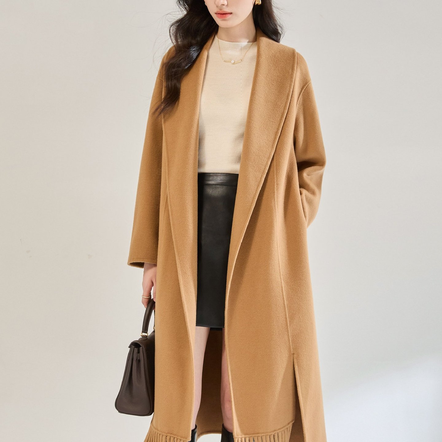 25冬季翻领流苏羊毛双面呢大衣浴袍款气质显瘦毛呢外套25610黑色