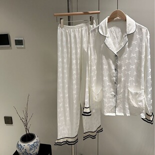 居家仿真丝睡衣女冰丝宽松奢华 新品 小香风春秋黑白色薄款 女式