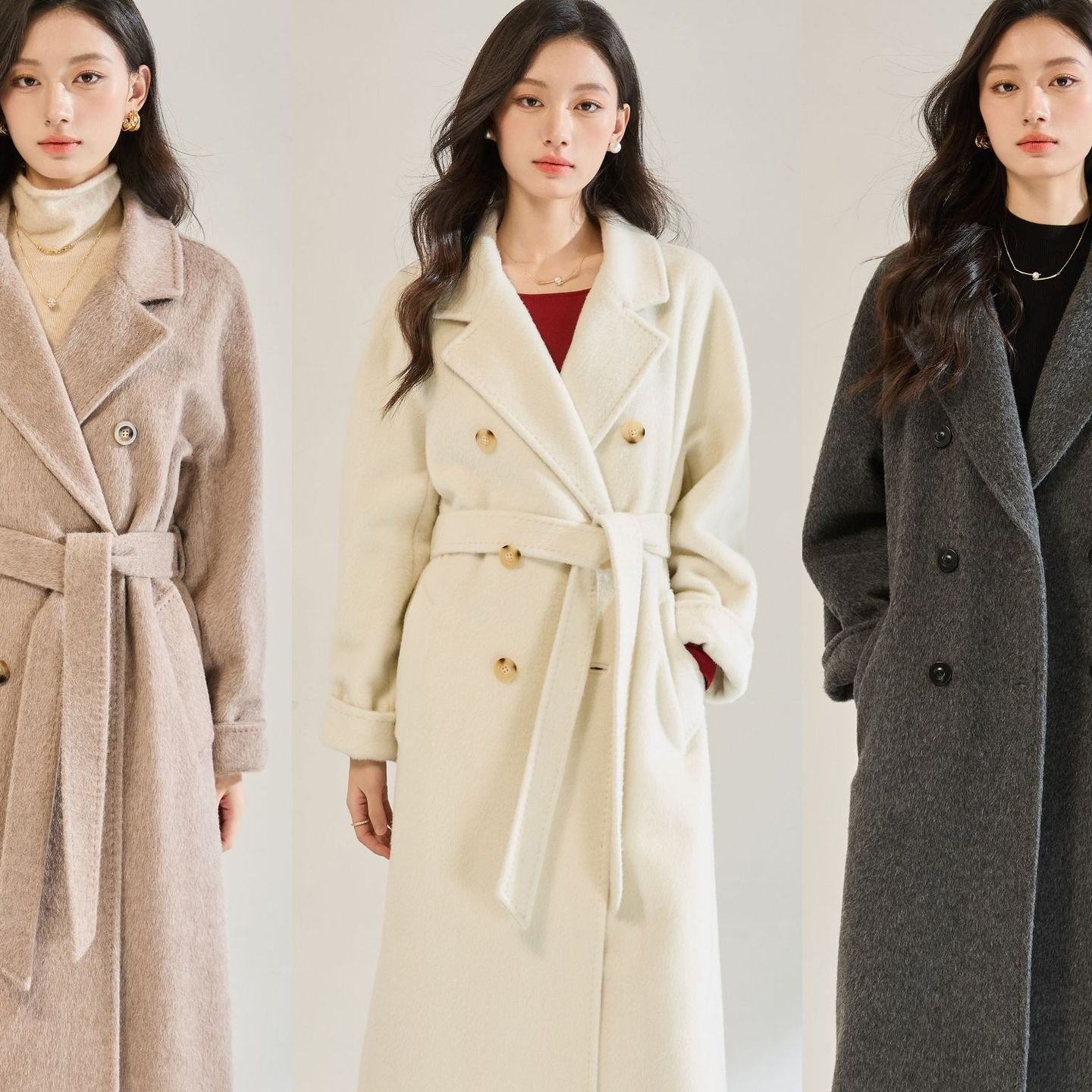 优质#25秋冬新气质感长毛苏丽羊毛系带毛呢外套中长款大衣女22673