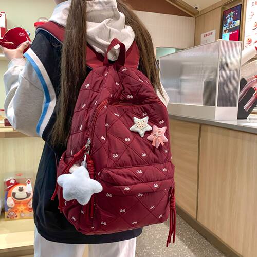 书包ins日韩小众初中生高颜值秋冬棉服双肩包蝴蝶结可爱刺绣背包
