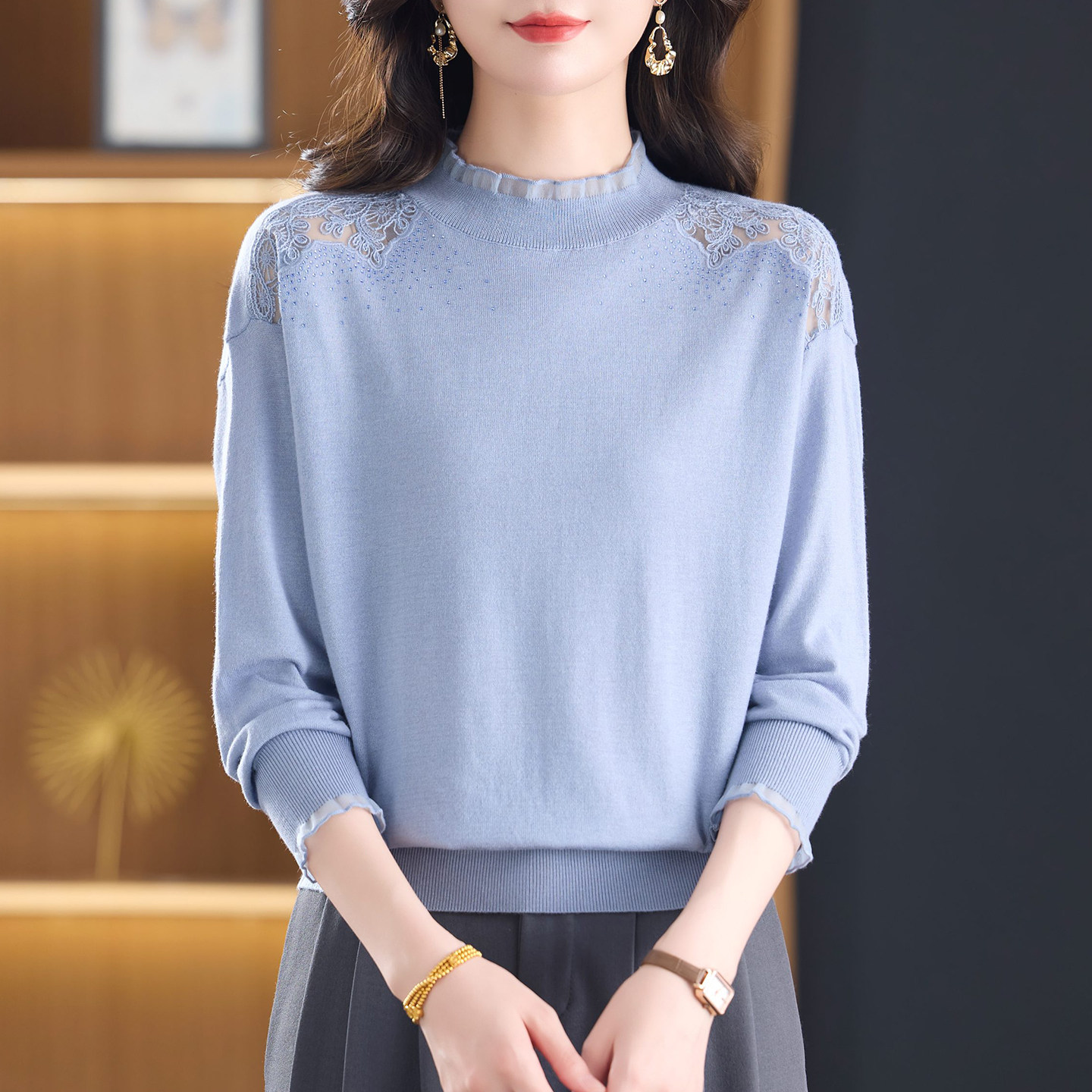 恒源祥彩羊针织打底衫女装秋冬新款时尚洋气显瘦圆领薄款羊毛上衣