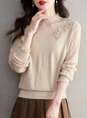羊毛针织打底衫女春秋新款时尚洋气圆领蕾丝网纱拼接薄款T恤上衣