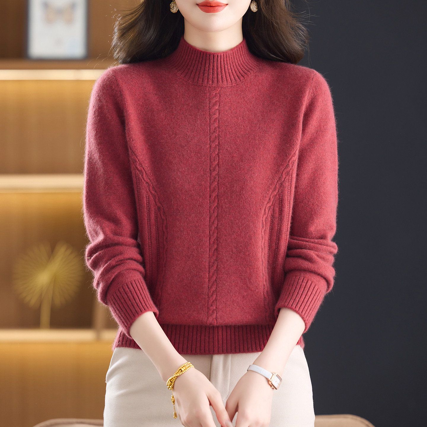 羊绒针织打底衫女装2025秋冬新款时尚大码提花半高领纯色厚款毛衣