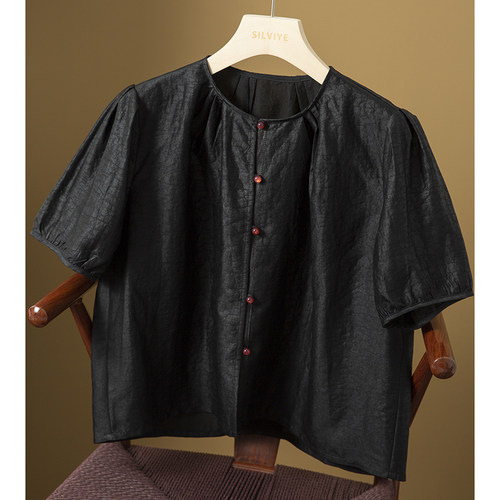 现货 龟裂纹香云纱真丝短袖衬衫女100%桑蚕丝木耳袖圆领上衣国风