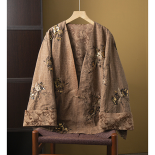 高端100%桑蚕丝国风亮片刺绣真丝香云纱开衫 外套 茶服女一粒扣挽袖