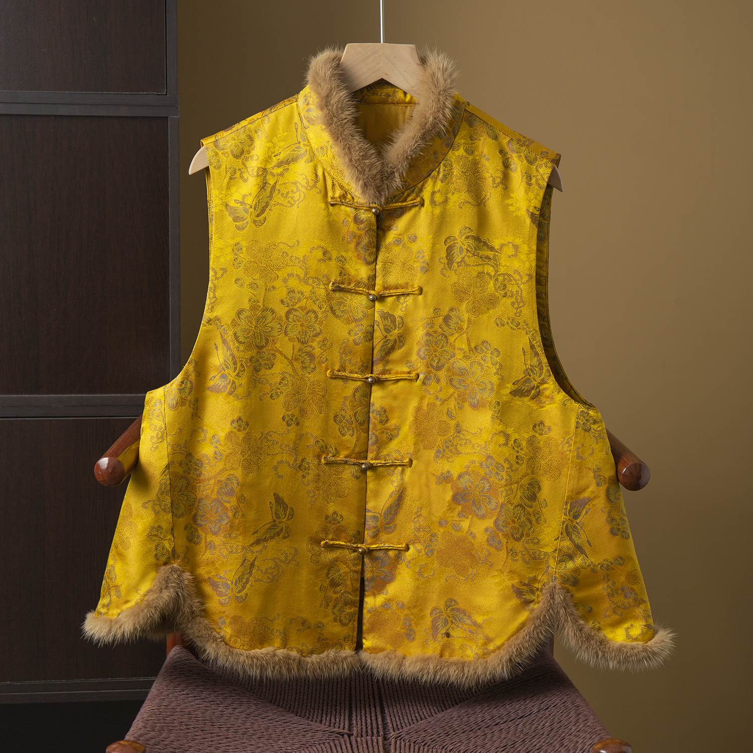 丝艺奢华 复古貂毛国风真丝马甲 新中式国风桑蚕丝小袄夹棉背心