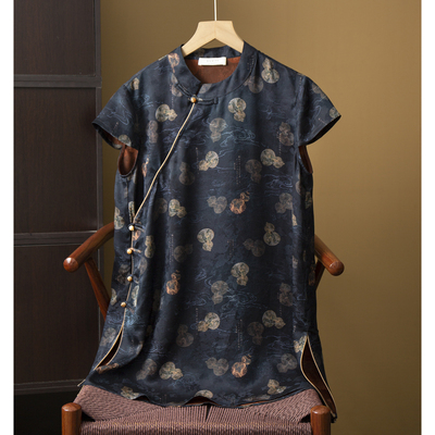 丝艺 100%桑蚕丝香云纱花萝真丝国风奥黛上衣中长款短袖T恤小衫女