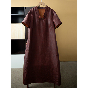 丝艺 重工刺绣真丝香云纱龟纹油皮红云纱连衣裙100%桑蚕丝V领长裙