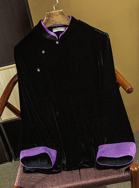 丝艺 国风真丝丝绒立领斜门襟上衣桑蚕丝欧根纱拼接挽袖衬衣早春