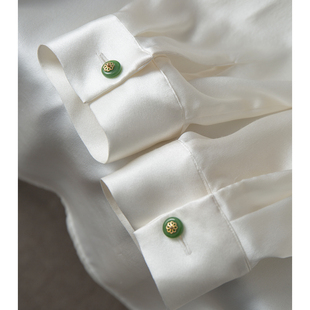 丝艺 100%桑蚕丝缎面立领真丝长袖白色衬衫女素绉缎衬衣早春上衣