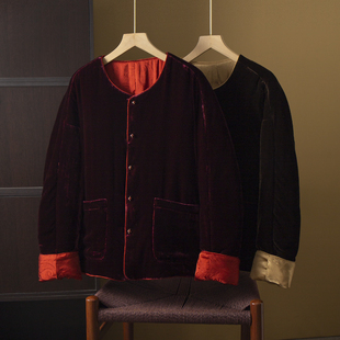 丝艺双面穿丝绒夹棉外套真丝桑蚕丝棉袄新中式圆领加厚保暖外套冬