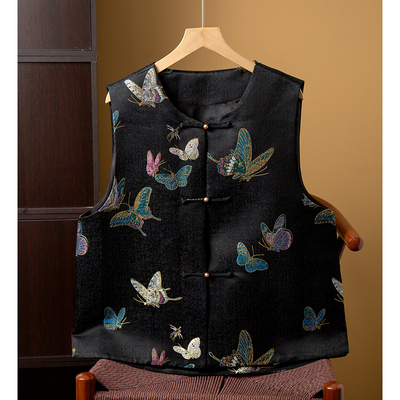 丝艺 100%桑蚕丝国风蜀锦盘扣真丝马甲女外穿V领无袖开衫上衣早秋