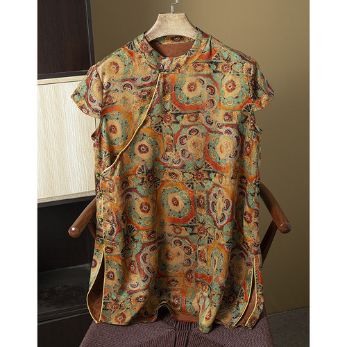 丝艺奥黛长款真丝香云纱短袖上衣女100%桑蚕丝斜门襟盘扣国风上衣