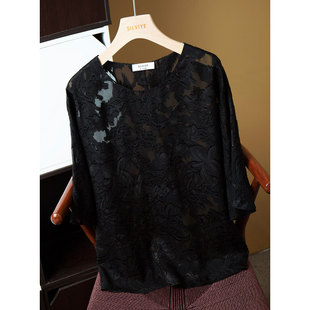 丝艺 真丝顺纡剪花绡圆领国风提花宽松桑蚕丝中袖上衣半袖小衫春