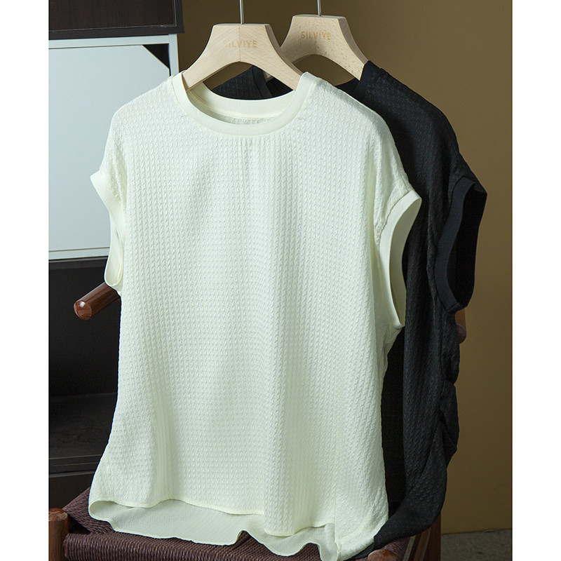 亏清 千鸟格真丝冠乐绉蝙蝠袖上衣夏季100%桑蚕丝前短后长短袖T恤