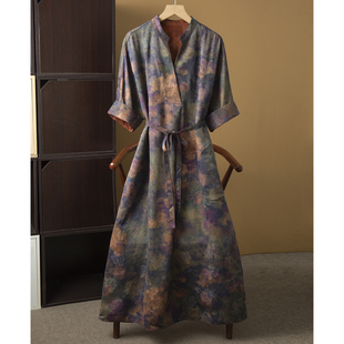 丝艺 长裙早春 双面穿100%桑蚕丝香云纱花萝提花真丝连衣裙V领半袖