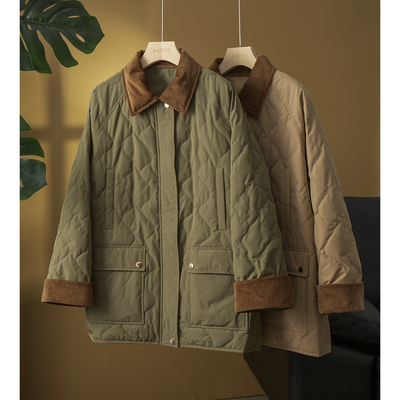 高端95白鹅绒羽绒服中长款灯芯绒拼接撞色翻领菱格三防鹅绒服外套