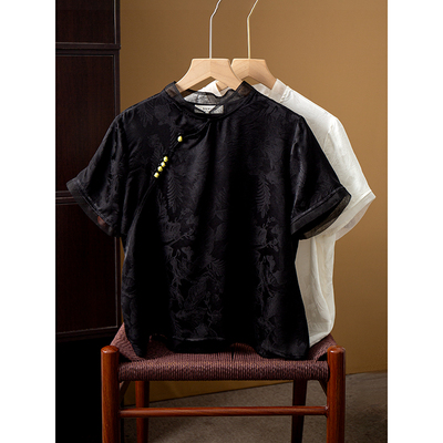 丝艺 欧根纱拼接100%桑蚕丝提花中式上衣真丝立领斜襟国风上衣夏