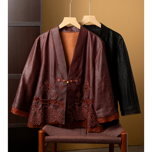 丝艺 100%桑蚕丝重工一粒扣真丝香云纱龟裂纹短外套V领开衫上衣春