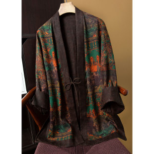 丝艺敦煌壁画太太服双面穿真丝香云纱提花开衫外套100%桑蚕丝茶服