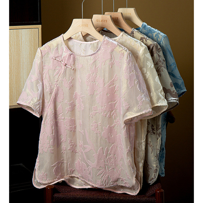 亏清 织金真丝丝绒上衣女高级感金线烧花桑蚕丝圆领舒适宽松衬衣