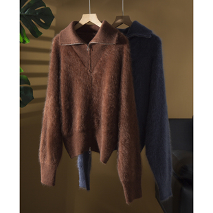 亏清425g100%山羊绒双拉链羊绒衫大翻领拉绒开衫加厚保暖毛衣外套