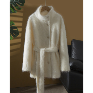 丝艺皮草级100%山羊绒拉毛双面呢大衣高级感系带中长款毛呢外套冬