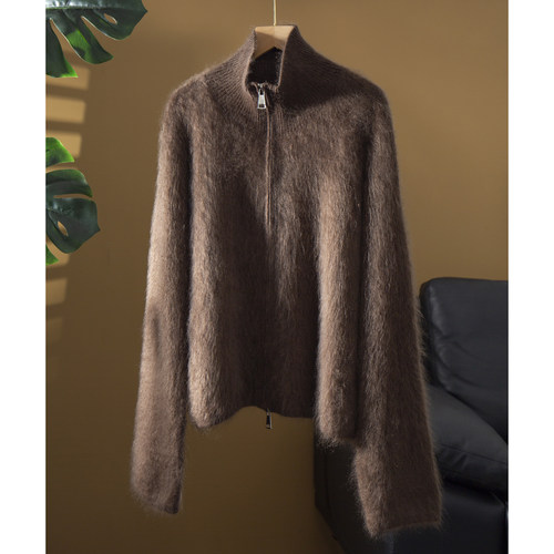 亏清100%纯山羊绒拉绒衫女短款立领拉毛双拉链毛衣针织开衫百搭冬