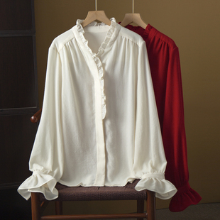 高端 高支澳毛100%羊毛法式宫廷风细腻人字纹木耳领荷叶袖衬衫春