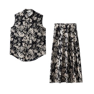 女两件套 半裙真丝套装 亏清重磅双绉100%桑蚕丝印花POLO领无袖 衬衫