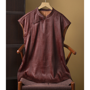 丝艺香云纱红云纱中长款奥黛上衣女真丝桑蚕丝提花斜门襟立领小衫