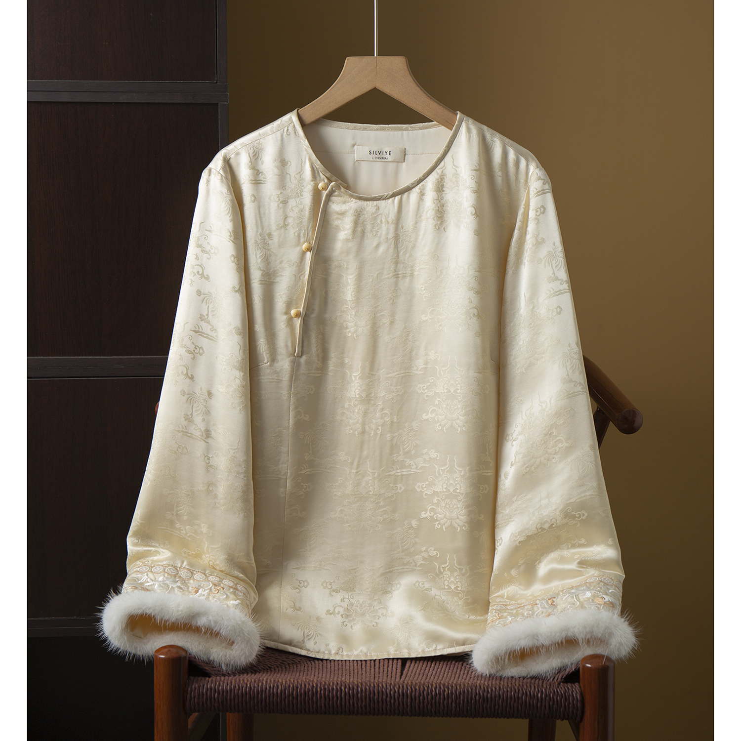 丝艺填充100%桑蚕丝真丝提花夹棉保暖上衣女叠穿国风水貂毛棉服新