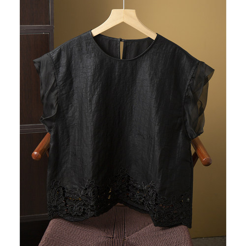 丝艺 下摆刺绣香云纱龟纹真丝短袖T恤女100%桑蚕丝欧根纱拼接上衣