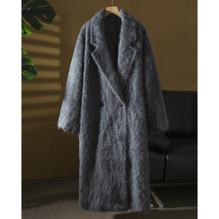 亏清 100%纯山羊绒拉绒拉毛皮草大衣女双排扣中长款廓形毛呢外套