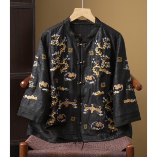 亏清 重工刺绣真丝香云纱龟裂纹外套欧根纱拼接100%桑蚕丝开衫春
