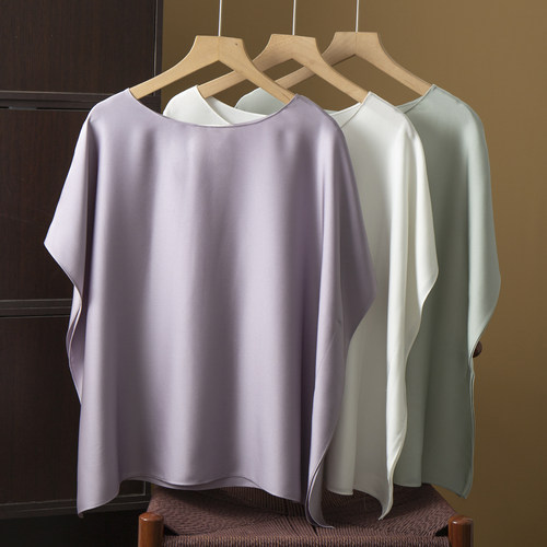 现货 真丝弹力双乔蝙蝠衫女宽松显瘦桑蚕丝一片式圆领上衣短袖T恤