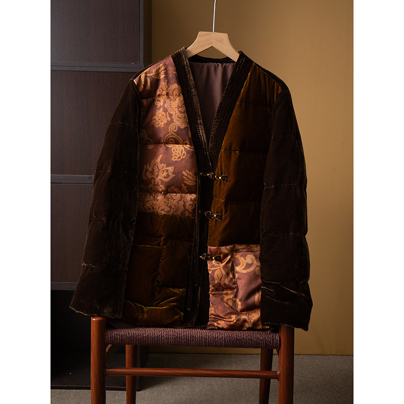 丝艺90白鸭绒国风提花丝绒羽绒服女新中式盘扣中长款宽松保暖外套