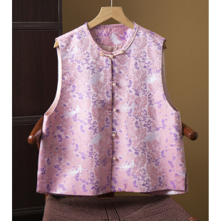 高端 100%桑蚕丝猫咪图案真丝宋锦国风马甲女新中式宽松上衣早春