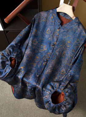 丝艺 蓝色玫瑰真丝香云纱提花花萝上衣100%桑蚕丝灯笼袖立领开衫